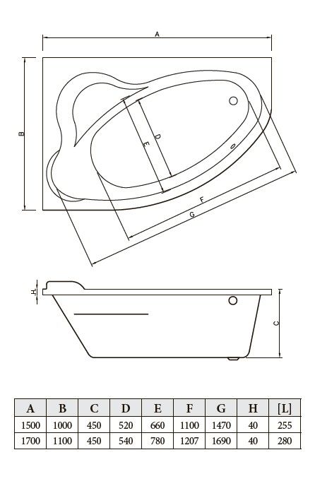 Ванна акриловая Bonito Home Rosa 170x110 левая, с ножками Standard BH-RA-101-170L/St
